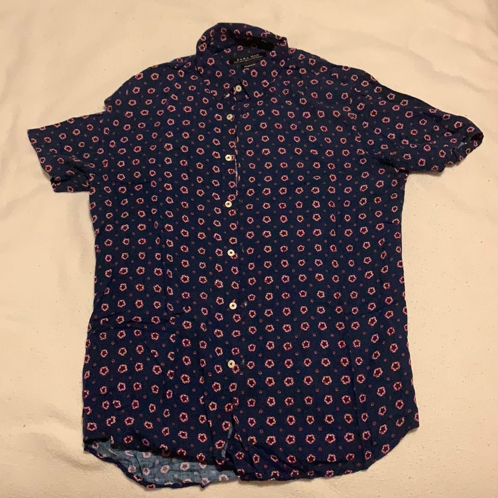 Zara Men's Dress Shirt - Medium - Blue with Flower